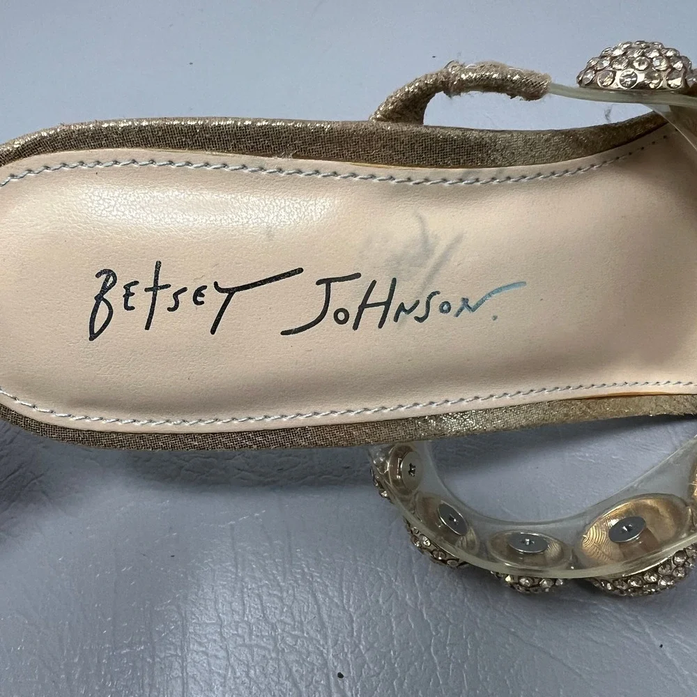 Betsey Johnson Women Sandals 8.5 Y2K Clear Heel Gold Statement Rhinestone‎ Party